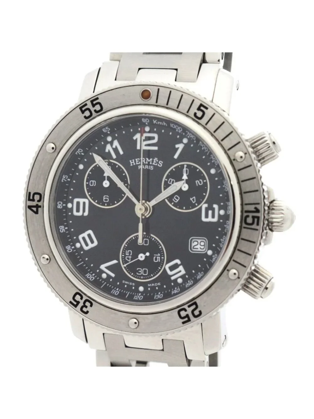 Hermes Clipper Diver Chrono Watch Stainless Black Dial Quartz